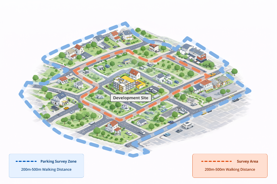 Map showing Lambeth methodology survey area with 200m and 500m walking distances along road network