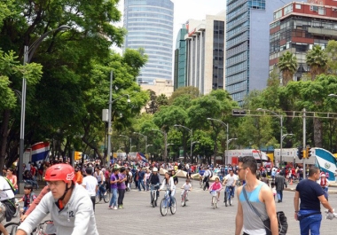 pedestrians and cyclists on street 